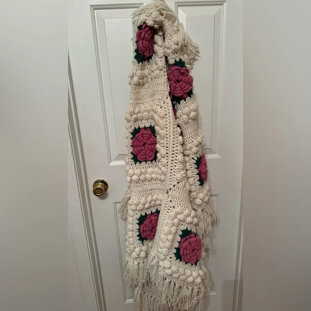 Cream and Rose Popcorn Granny Handmade Crocheted Afghan